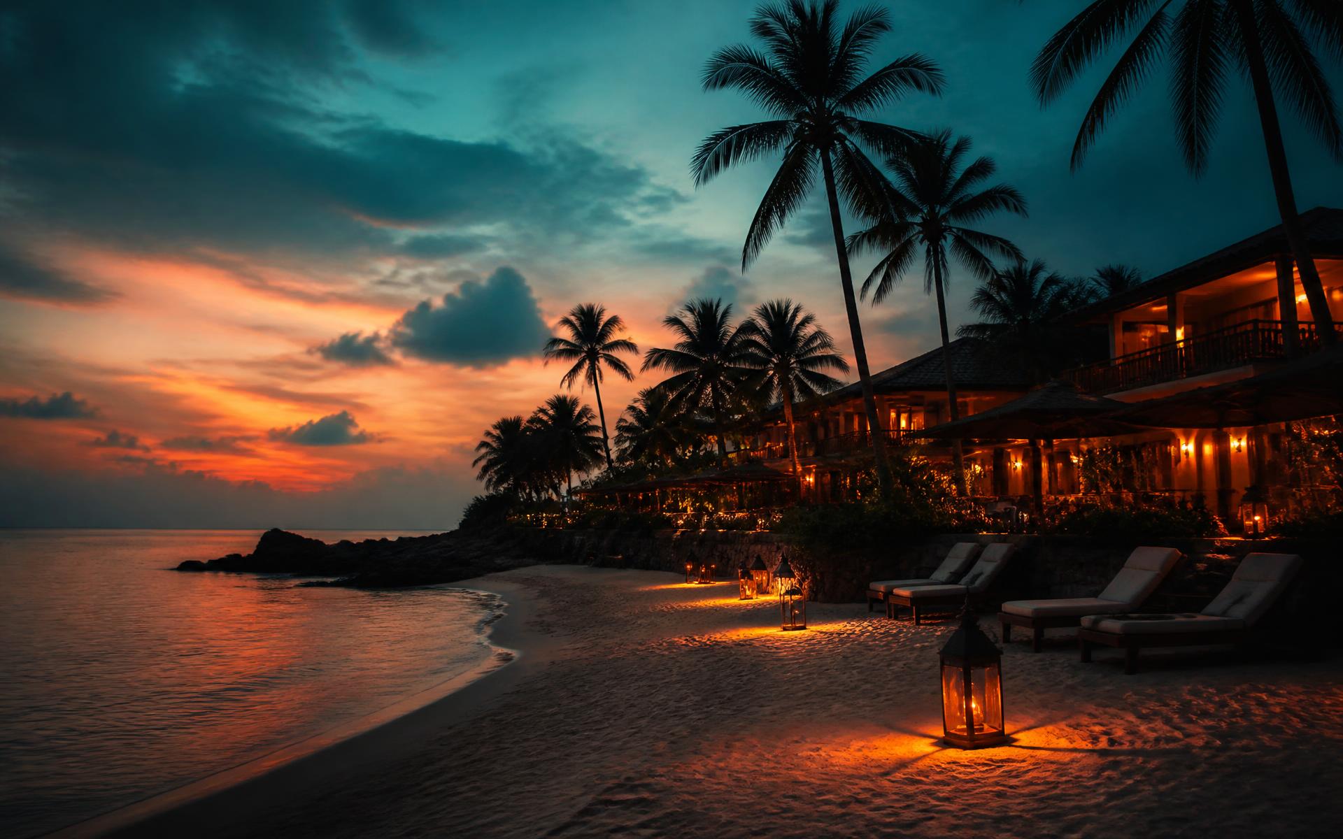 Beachfront resort in Goa at sunset with palm trees and lanterns